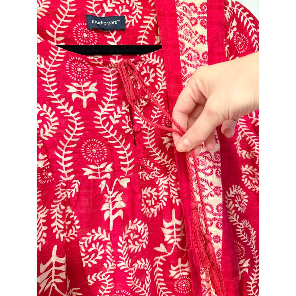 NEW! Nordstrom XS Batik Block Print 100% Cotton Dress Tie Waist Boho Hot Pink - Picture 10 of 11